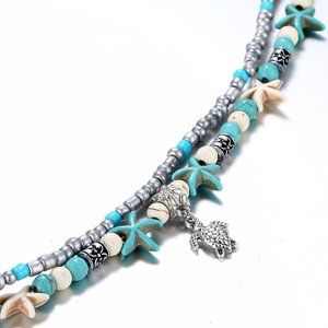 Bohemian Turquoise Duel layered Anklet with Turtle Pendant